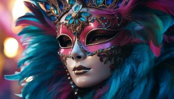 ai genererad befjädrad mask lägger till elegans till kvinna karneval kostym genererad förbi ai foto