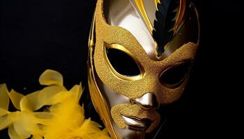 ai genererad skinande guld mask döljer mänsklig ansikte i elegans genererad förbi ai foto