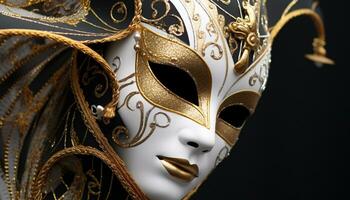 ai genererad guld färgad mask, utsmyckad kostym, elegans och mysterium genererad förbi ai foto
