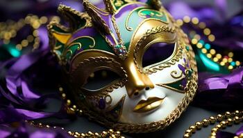 ai genererad guld färgad mask lägger till elegans till firande genererad förbi ai foto