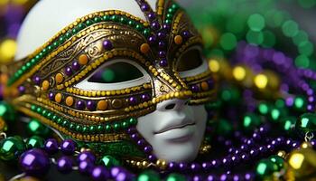 ai genererad mardi gras firande, färgrik masker, vibrerande kostymer genererad förbi ai foto