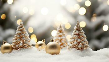 ai genererad lysande snöflinga på guld prydnad dekorerar jul träd genererad förbi ai foto