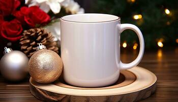 ai genererad trä- tabell med kaffe kopp, jul prydnad, och gåva genererad förbi ai foto