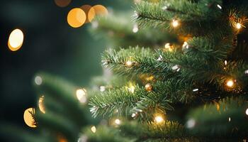 ai genererad lysande jul träd tänds mörk vinter- natt genererad förbi ai foto