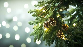 ai genererad vintergröna träd upplyst med jul lampor i snö genererad förbi ai foto