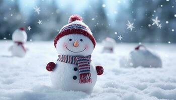 ai genererad snögubbe leende i vinter, fira med snöflingor genererad förbi ai foto