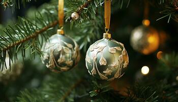 ai genererad jul träd dekoration hängande på en gren genererad förbi ai foto