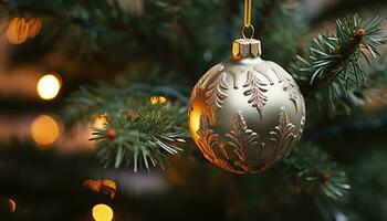 ai genererad skinande prydnad hängande på upplyst jul träd genererad förbi ai foto
