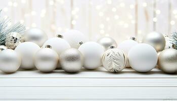 ai genererad skinande jul prydnad på trä, lysande med dekor genererad förbi ai foto