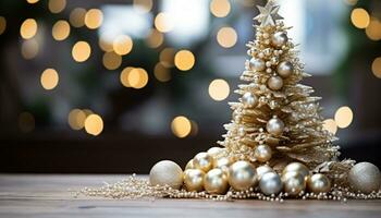 ai genererad jul träd dekoration lysande med gyllene jul lampor genererad förbi ai foto