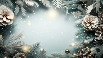 ai genererad vinter- firande, snöflinga dekoration på upplyst jul träd genererad förbi ai foto