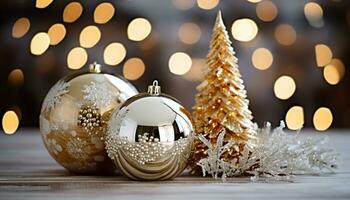 ai genererad skinande guld prydnad dekorerar jul träd i vinter- genererad förbi ai foto