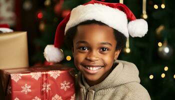 ai genererad leende barn innehav gåva, fira jul glatt genererad förbi ai foto