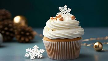 ai genererad hemlagad muffin med glasyr, dekoration, och snöflinga genererad förbi ai foto