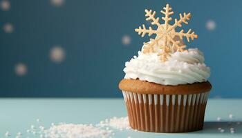 ai genererad hemlagad muffin med glasyr, snöflinga dekoration, och glitter genererad förbi ai foto