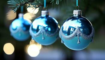 ai genererad jul prydnad hängande på en lysande jul träd genererad förbi ai foto