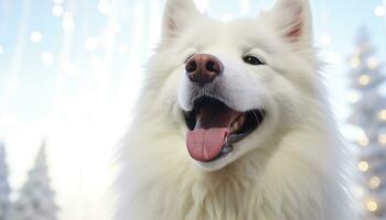 ai genererad söt samojed valp Sammanträde i de snö genererad förbi ai foto