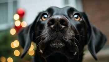 ai genererad söt valp ser på kamera, renrasig svart labrador genererad förbi ai foto