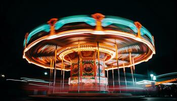 ai genererad spinning karusell tänds vibrerande roligt i de natt genererad förbi ai foto