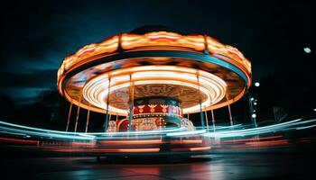 ai genererad spinning karusell tänds vibrerande stad nattliv spänning genererad förbi ai foto