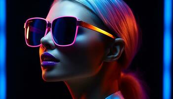 ai genererad modern ung kvinna med lila solglasögon och lysande rosa hår genererad förbi ai foto