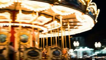 ai genererad roligt fylld karneval rida snurrar under vibrerande natt lampor genererad förbi ai foto
