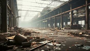 ai genererad förstörd fabrik, bruten fönster, rostig metall, rörig inuti genererad förbi ai foto