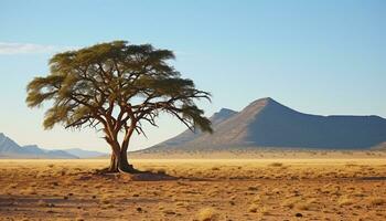 ai genererad afrikansk landskap, sand, träd, fjäll, resa, torr genererad förbi ai foto