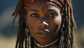 ai genererad ung afrikansk kvinna med dreadlocks leende på kamera genererad förbi ai foto