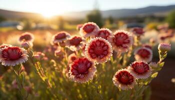 ai genererad vibrerande blommor blomma i de äng på solnedgång genererad förbi ai foto