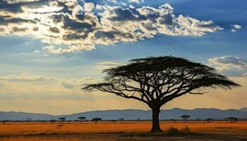 ai genererad silhuett av akacia träd i afrikansk solnedgång genererad förbi ai foto