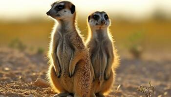 ai genererad söt meerkat familj stående, ser på kamera genererad förbi ai foto