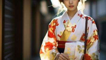 ai genererad elegant geisha förkroppsligar japansk kultur och traditionell skönhet genererad förbi ai foto