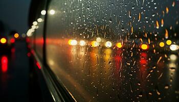 ai genererad regndroppe på fönster speglar stad lampor på natt genererad förbi ai foto