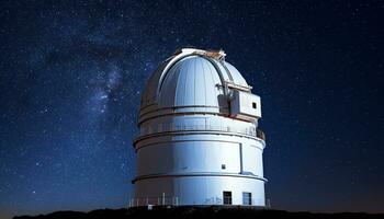 ai genererad tittar på de natt himmel med en hand hölls teleskop genererad förbi ai foto