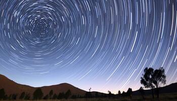 ai genererad spinning stjärna spår skapar fascinerande natt himmel genererad förbi ai foto