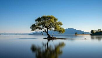 ai genererad lugn scen av en berg reflekterande i klar vatten genererad förbi ai foto