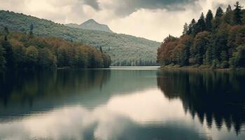 ai genererad lugn scen av berg topp reflekterad i damm genererad förbi ai foto