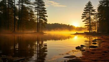 ai genererad lugn scen av solnedgång över skog och damm genererad förbi ai foto