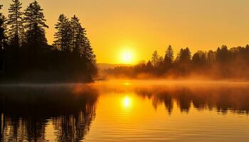 ai genererad solnedgång över lugn damm, natur vibrerande gyllene reflexion genererad förbi ai foto