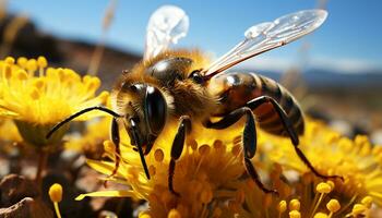 ai genererad upptagen bi samlar pollen från vibrerande gul blomma genererad förbi ai foto