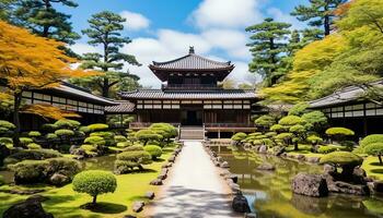 ai genererad gammal pagod i lugn japansk formell trädgård, genererad förbi ai foto