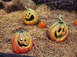 halloweenpumpor inhysta i skräck med skräckatmosfär, med ögon och mun inskurna i den orange pumpan foto