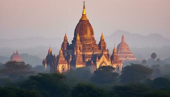 ai genererad majestätisk pagod på skymning, andlighet i gammal Myanmar, genererad förbi ai foto