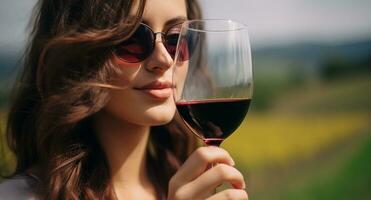 ai genererad ung kvinna njuter de utomhus, smuttar röd vin genererad förbi ai foto