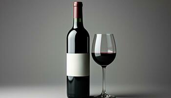 ai genererad röd vin flaska häller in i en vinglas genererad förbi ai foto