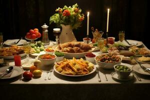 ai genererad middag tabell dekoration med sanningar mat , utsökt Semester mat på middag tabell ai genererad foto