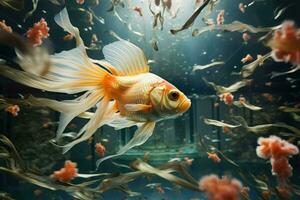ai genererad guldfisk i de akvarium skön under vattnet, de tank är fylld med skön och färgrik små fisk den där är simning runt om, ai genererad foto