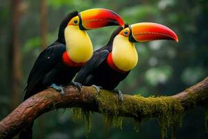 ai genererad två tukaner Sammanträde på en gren i de regnskog, toucan tropisk fågel Sammanträde på en träd gren i naturlig vilda djur och växter miljö, ai genererad foto