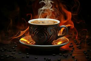 ai genererad svart kaffe i en lyxig kopp med rök och kaffe bönor på trä- tabell, ai genererad foto